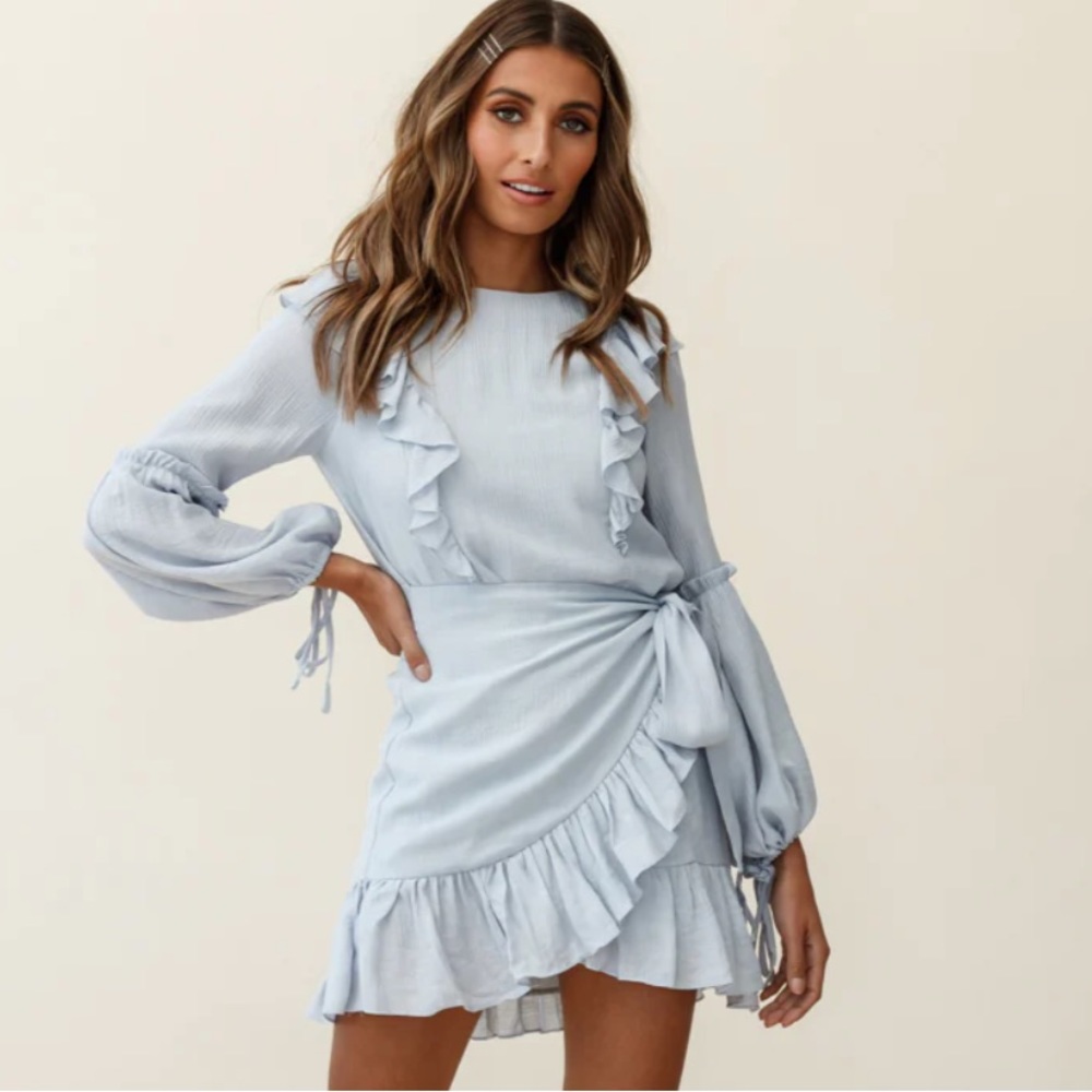 Selfie Leslie - Tila Long Balloon Sleeve Wrap Front Dress Grey